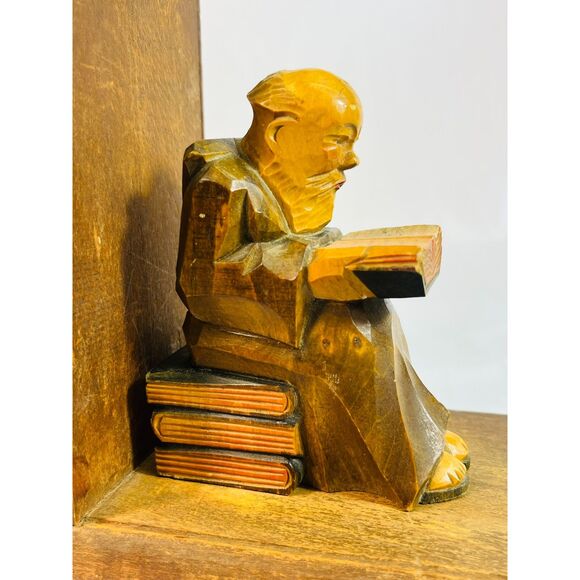 Vintage Wood Carved Monks Scholar Reading Books Sitting on Books Bookends - Picture 2 of 11